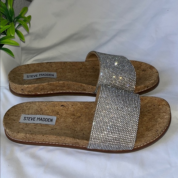 Steve Madden Glittering Silver Slide Sandals - Picture 3 of 11